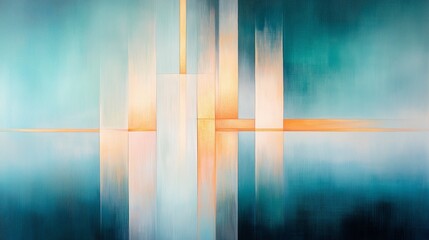 Elegant abstract painting with soft blue and orange gradients, creating a calm and balanced modern geometric composition.