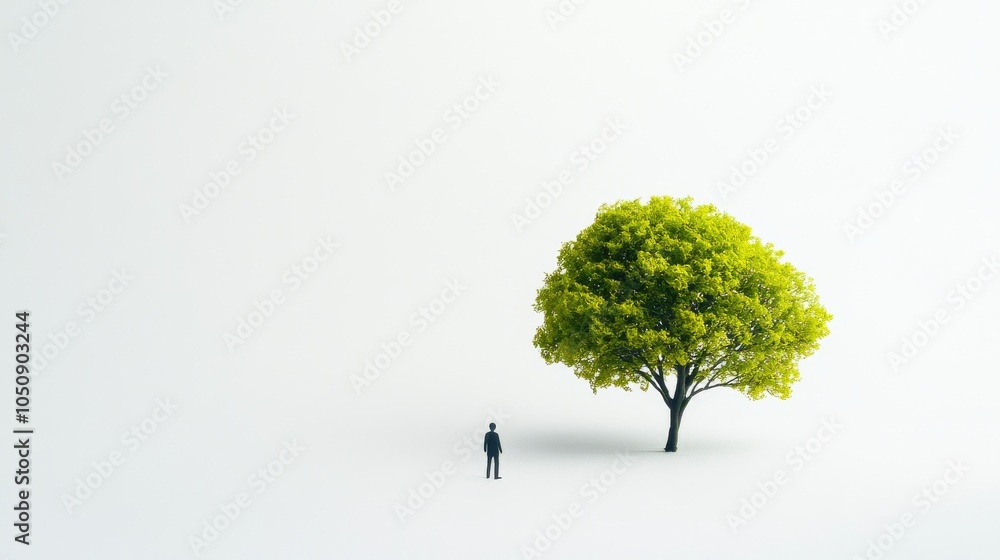Poster A tiny person standing at the base of a vibrant tree on a solid white background symbolizing growth and diversity, Emphasizing the flourishing enabled by inclusive practices, minimalistic style