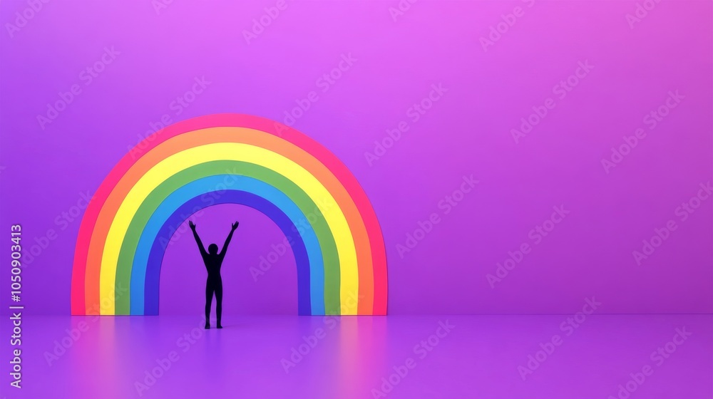 Aufkleber a tiny silhouette reaching towards a rainbow arc on a solid purple background symbolizing aspiration