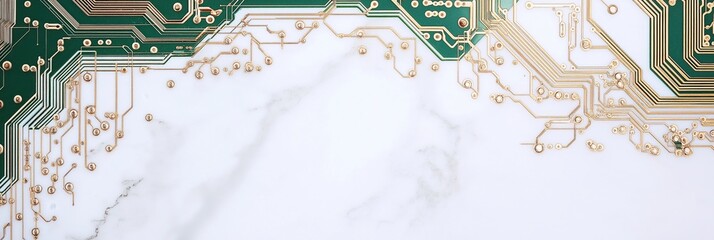 テクノロジーとイノベーションをテーマにした大理石の表面の未来的な回路基板デザイン