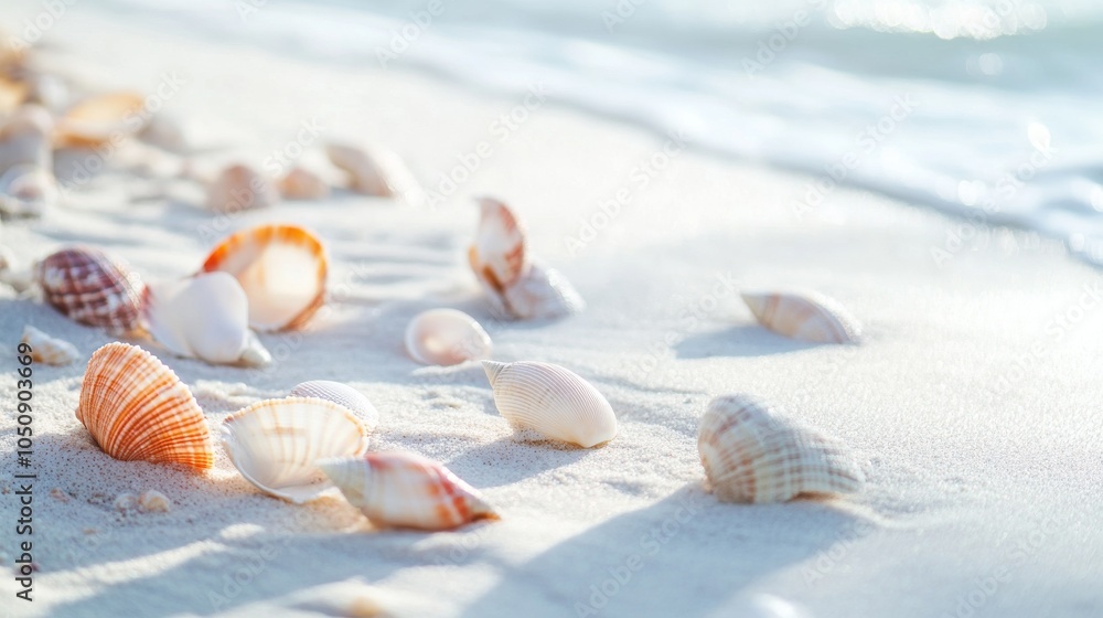 Poster A tranquil scene of various colored seashells scattered on a white sandy beach, Symbolizing the diverse yet harmonious contributions of different elements coming together in a serene environment