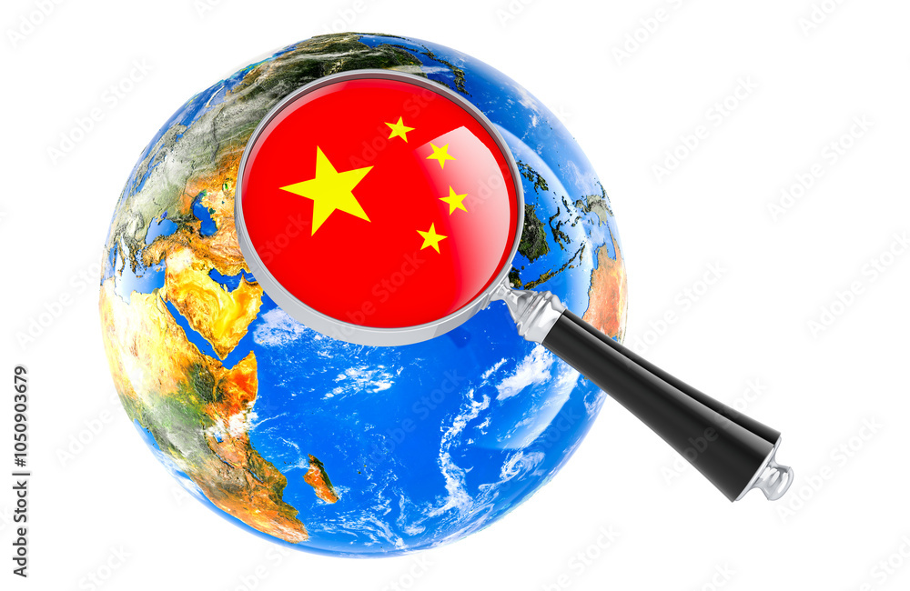 Poster chinese flag under magnifying glass with earth globe, 3d rendering isolated on transparent backgroun