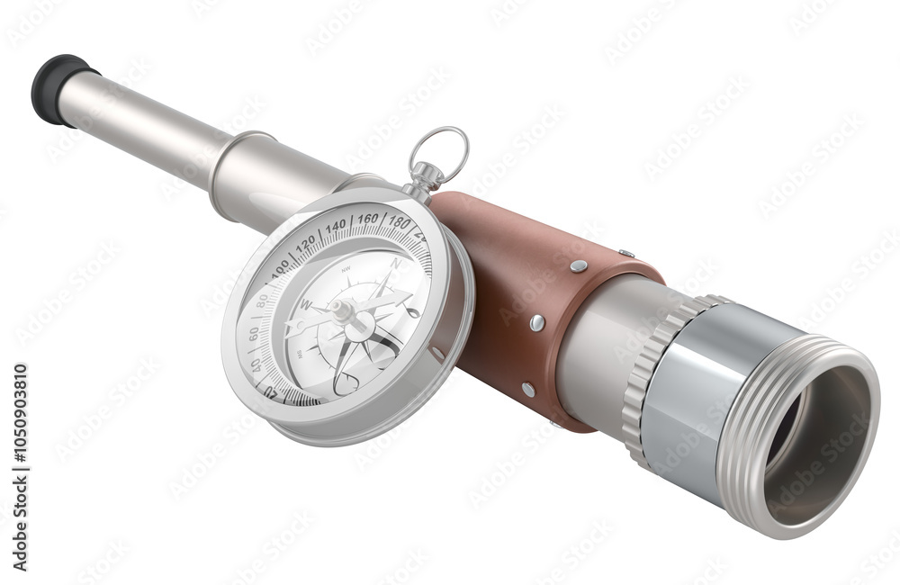 Poster solid handheld telescope with compass. 3d rendering isolated on transparent background