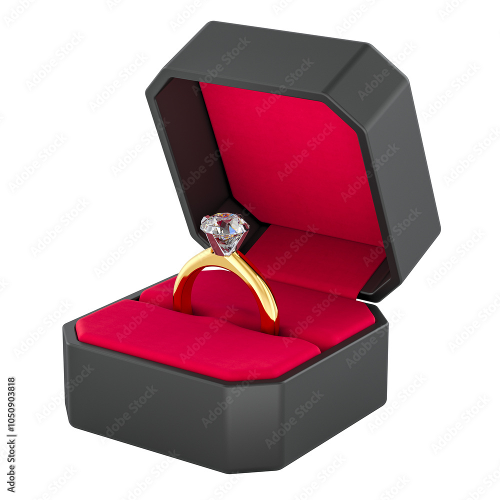 Poster ring box with diamond ring inside, 3d rendering isolated on transparent background