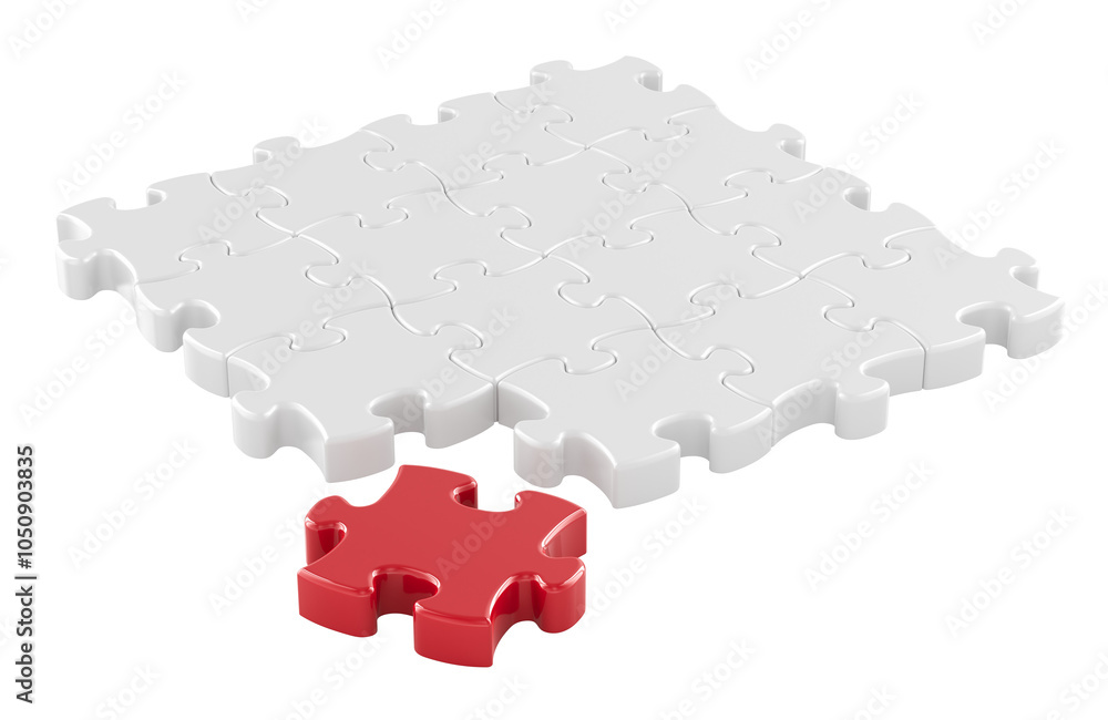 Poster white puzzles with one red puzzle, 3d rendering isolated on transparent background