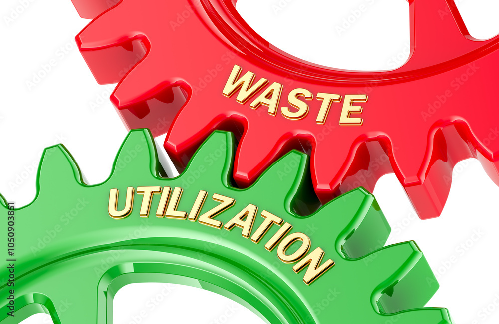 Poster waste utilization concept with colored gearwheels. 3d rendering isolated on transparent background