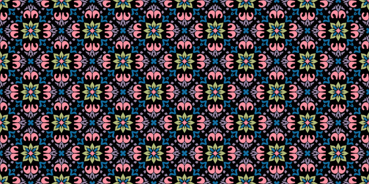 Vector seamless pattern in ethnic folk style. Abstract floral geometric ornament with indian, mughal, asian, indonesian, islamic, thai motifs. Ornamental background texture. Traditional geo design