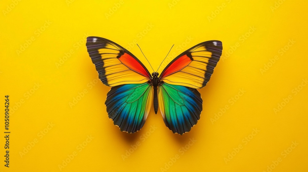 Poster a vibrant butterfly with different colored wings against a plain yellow background symbolizing diver