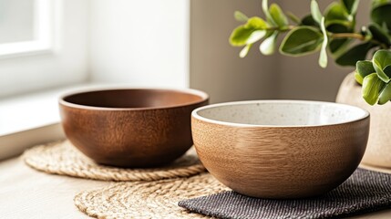 Two wooden bowls beautifully positioned on a woven mat next to lush green foliage, creating a calming and natural aesthetic in a sunlit room for a cozy ambiance.