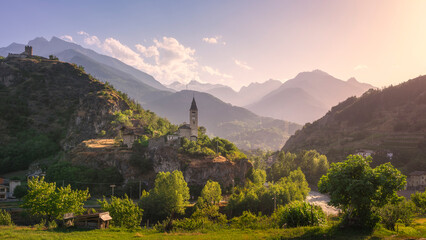 Santa Maria Assunta church on the rocks. Saint Roch, Villeneuve. Aosta valley, Italy