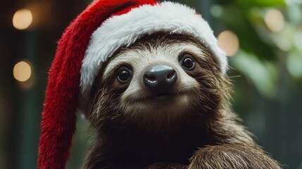 Naklejka premium Sloth wearing Santa hat. Christmas animal background