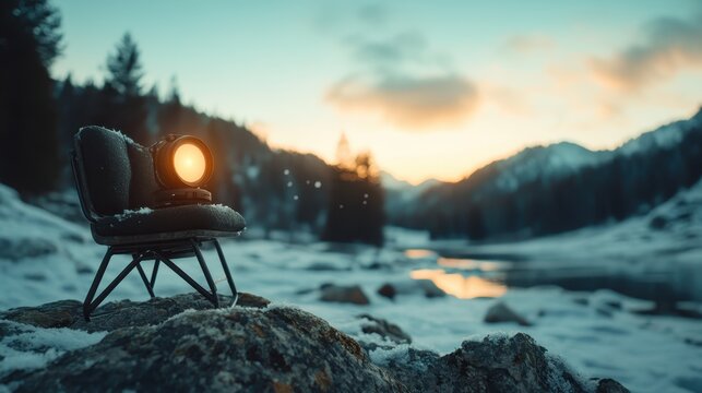 A single black camera sits on a chair amidst a snowy mountain scene at sunrise, symbolizing adventure and exploration in the cold wilderness setting.