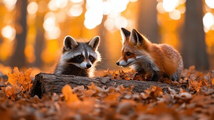 A playful raccoon and fox perched together on a log, surrounded by vibrant autumn leaves, symbolizing the playful and harmonious spirit of nature and curiosity.