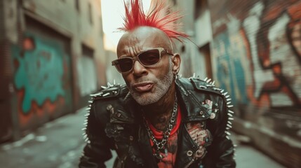 A person sporting a bright red mohawk and sunglasses, clothed in a spiked leather jacket, showcasing bold punk style, attitude, and a sense of individuality.