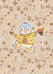 Winter Christmas card template illustration. Cute dressed penguin in a sweater with a cupcake