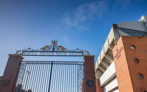 Shankly Gates under a bright sky