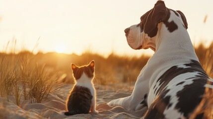 A large Great Dane and a small kitten peacefully rest on a sandy terrain, both gazing at the serene horizon during sunset, representing tranquility and companionship.