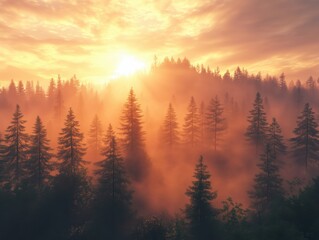 Majestic Misty Cloudy Forest morning sunrise