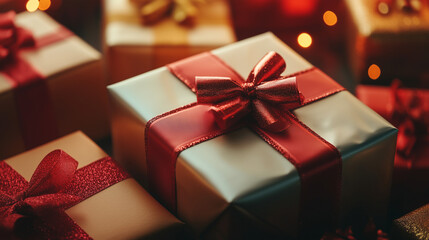 Stack of craft gift boxes with ribbon, elegant minimalist design, gift box for birthday, wedding, anniversary, party, event, gift guide, retail idea, advertising, Christmas gifts. AI generation