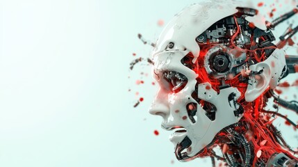A highly detailed robotic head with visible internal circuitry displays an intricate network, symbolizing advanced technology and artificial intelligence.