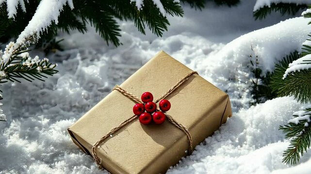 Rustic gift box wrapped in brown paper with red berries in snowy landscape, celebrating merry christmas and happy new year