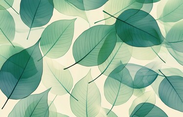 Fototapeta premium Transparent green leaves overlapping on a soft background creating a serene natural pattern