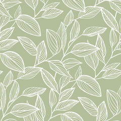 Leaves seamless pattern. Vector botanical ornament, floral texture with linear foliage silhouettes, branches. Simple modern minimal leaf background. Sage green color. Repeated design for decor, fabric