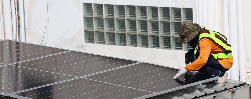 Wall mural Technicians Install photovoltaic solar modules on roof of house. Engineers install or fix solar cells in roof of house. Technician worker on solar panels. Solar panel technician  working on house roof