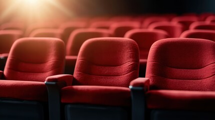 Obraz premium A tranquil image of sunlit cinema seats casting soft shadows, conveying warmth, nostalgia, and the intimate atmosphere of a golden hour cinematic experience.
