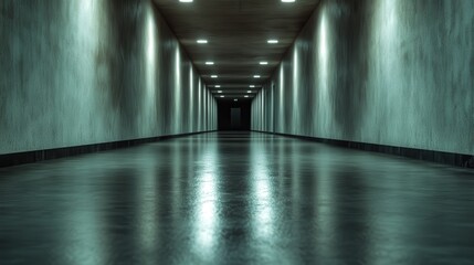 A well-lit, modern corridor stretches into the distance, creating a sense of mystery and intrigue with its long perspective and bright ceiling lights.