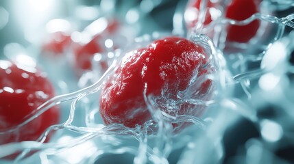 Vibrant red cells suspended in a surreal, glassy liquid environment, evoking depth and motion against a contrasting watery backdrop of creativity and fluidity.