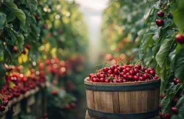 Cherry harvest in a lush orchard surrounded by misty mountains on a tranquil morning