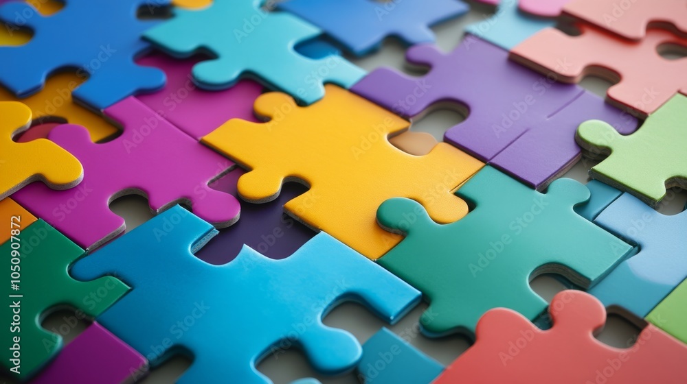 Poster A vibrant network of interconnected puzzle pieces with different colors and patterns, Symbolizing the intricate connections and diversity within a community, minimalist style