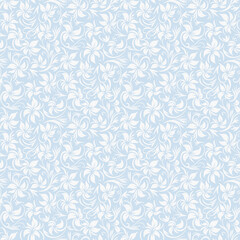 Subtle floral seamless pattern. Light blue and white vector abstract minimal ornament texture with flower silhouettes, leaves, curly shapes. Simple elegant botanical background. Repeated design