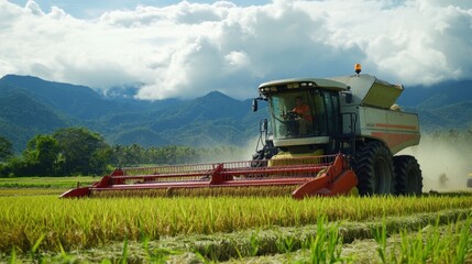 Fototapeta premium Combine Harvester Working in a Paddy Field