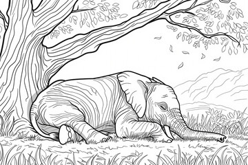 A serene illustration of a resting elephant beneath a large tree, showcasing nature's tranquility with intricate details.