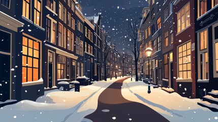 Flat illustration of cozy old European city street in the winter. Christmas card 