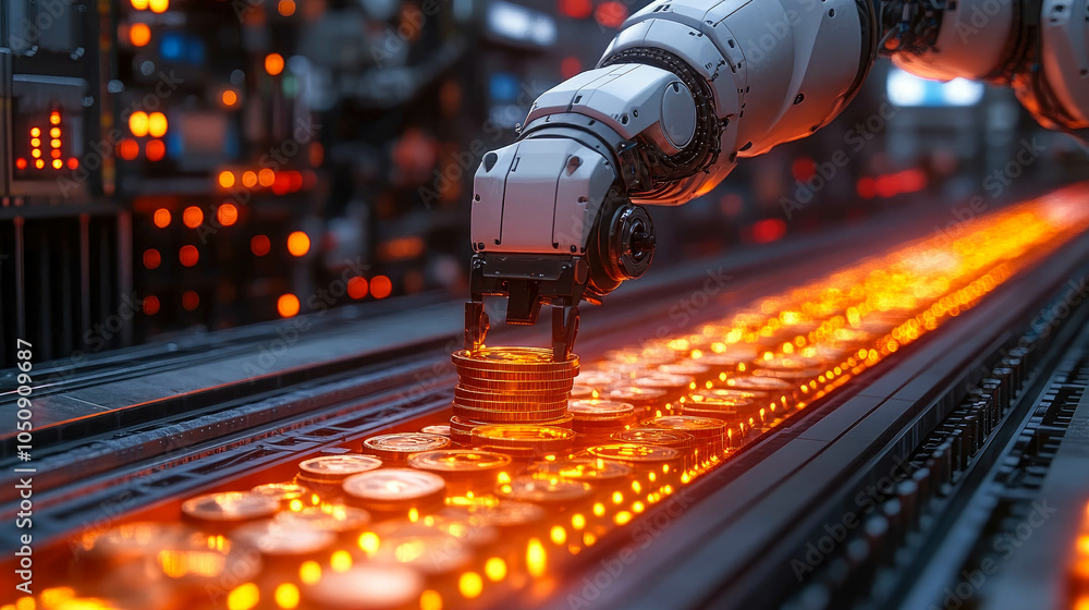 Poster a futuristic robotic arm assembling glowing coins on a high-tech production line in an industrial fa
