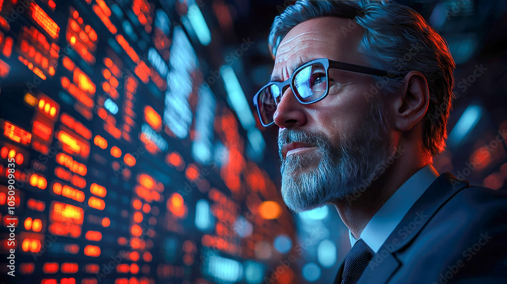 Poster a businessman analyzing complex data on multiple digital screens, representing business analysis, fi
