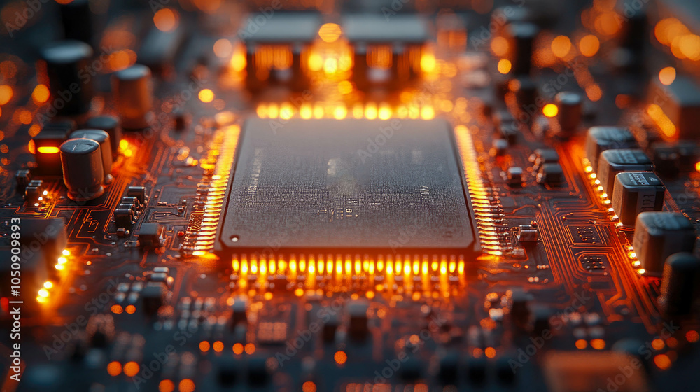 Poster close-up view of a glowing computer chip on a detailed circuit board, showcasing advanced technology