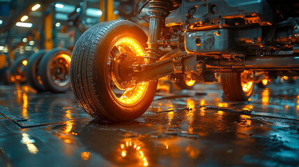 Fototapeta premium Close-up of a car tire being removed in a garage, sparks flying around during the repair process