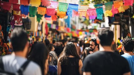 Obraz premium A vibrant street scene with people of different ethnicities celebrating cultural heritage in a multicultural festival, Illustrating cultural diversity and community spirit, photography style