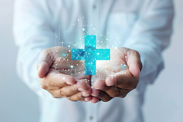 Illustration of hands holding a glowing blue medical cross symbol, symbolizing healthcare, innovation, and advancements in medical technology. Represents a futuristic concept of healthcare