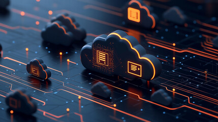 Cloud storage network with glowing icons and circuits against a dark background.