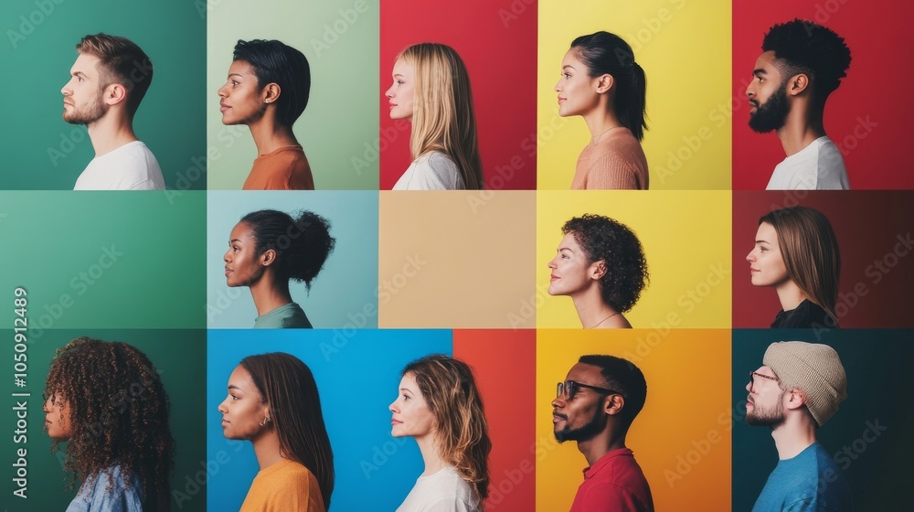Poster a visual of a diverse group of individuals looking through different colored windows, each showing v