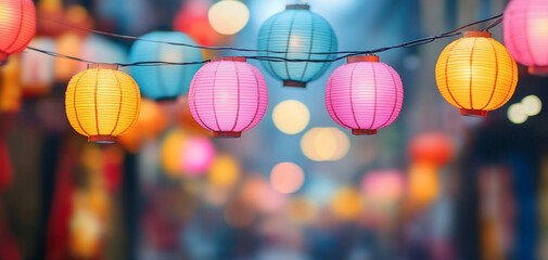 Obraz premium Colorful lanterns illuminating a lively street during a vibrant festival.