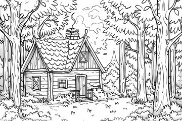 Obraz premium A whimsical black and white illustration of a cozy wooden cottage nestled among tall trees, perfect for coloring or creative projects.