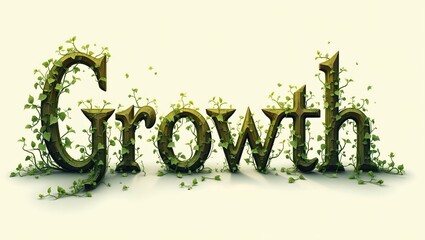 Green vines and leaves engulf Growth in elegant slender letters