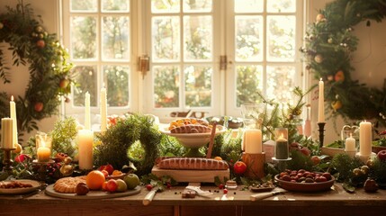 A table with candles, evergreen wreaths, and fruit on it