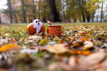 Halloween concept background, pumpkin on autumn leaves and halloween style cup, autumn background